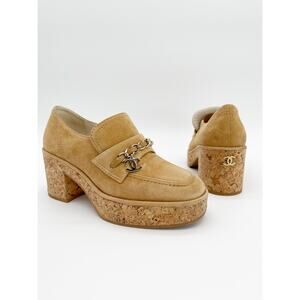 Chanel 2023 Camel Suede Cork Platform Chain CC Block Heel Loafers Pumps EU 37